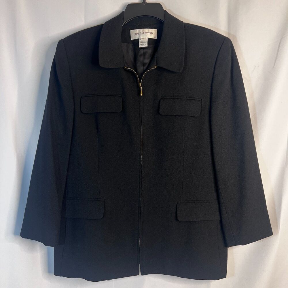 Jones New York Black 100% Pure Wool Made in USA Full Zip Jacket Blazer Size‎ 16 - Picture 10 of 10